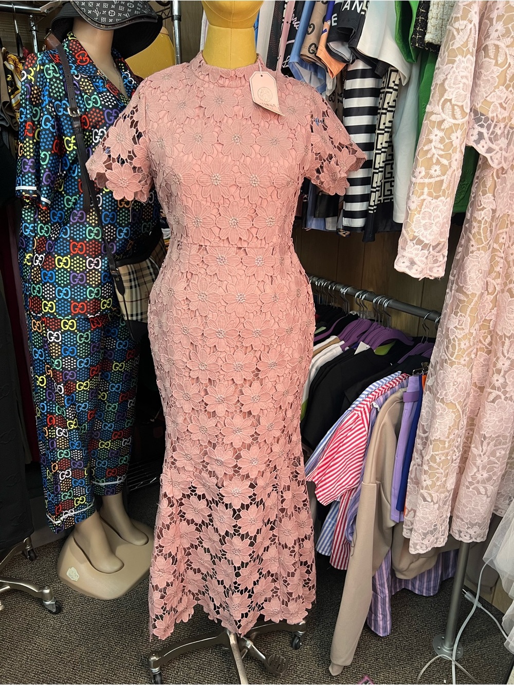 Elegant Pink Floral Lace Midi Dress for Women